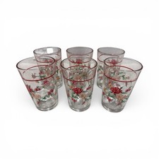 Vintage Set Of 6 Libby Juice Glass Tumblers Painted Red Flowers Safe Edge