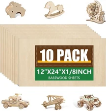 10 Pack Basswood Sheets 1/8x12x24" Unfinished Wood for Laser Cutting & Crafts 