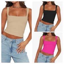 Abardsion 3 Women’s M Sexy Crop Tops Square Neck Sleeveless Double Layer Tanks