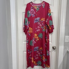 Natori Floral Caftan Gown Pink V-Neck Kimono Sleeve Satin Maxi Dress Lounge M