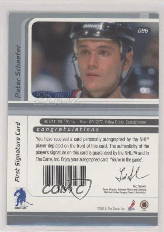2001-02 ITG Be A Player Signature Series Vault Black Peter Schaefer #086 Auto - Image 2 of 2
