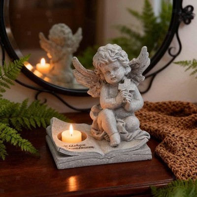 Cherub-Teelichthalter, Engels-Kerzenständer, Schreibtischfigur im Landhausstil,