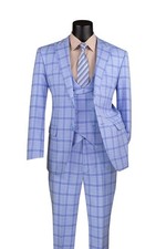 Vinci Modern Fit Peak Lapel Glen Plaid Men's 3-Piece Suit with Vest Light Blue