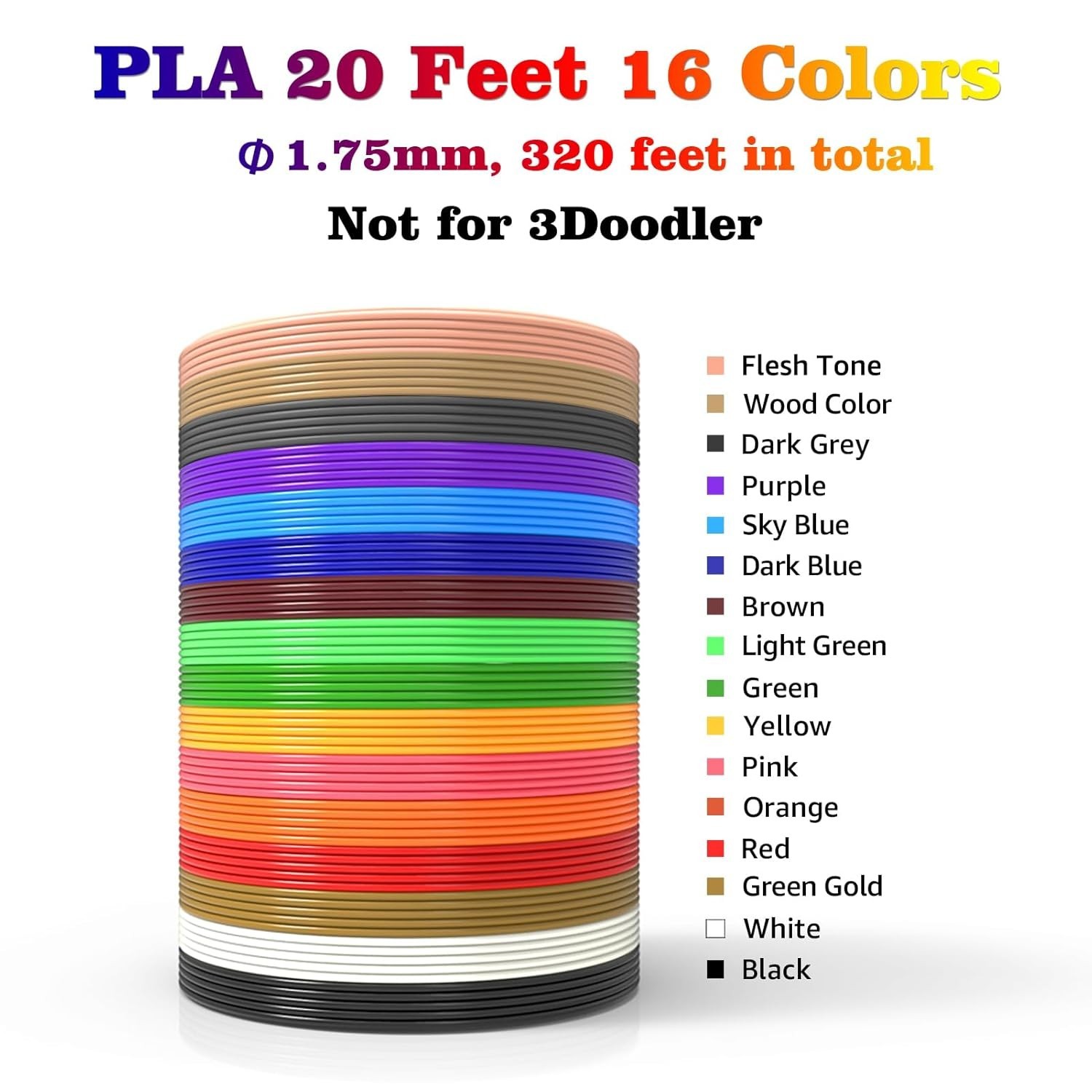 High-Quality 1.75mm 3D Pen Filament - 320ft in 16 Colors with eBook Stencils