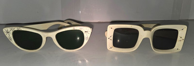 Lot of 2 Vintage White 1950's Sunglasses Rhinestones Ladies Cat Eye Square