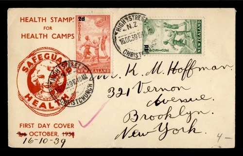 DR WHO 1939 NEW ZEALAND FDC HEALTH STAMP OVPT COMBO CACHET HIGH ST M71486