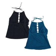 Salt & Cove Juniors Tankini Swim Top Crochet High-Neck Halter Swimsuit New