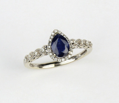14k Weißgold Saphir & Diamanten Damenring Brillantschliff Tropfenform 0.90 ctw