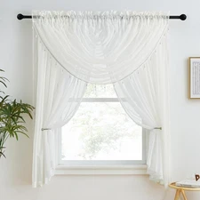 4 Piece Sheer Curtains Set with Attached Valance with Beads Waterfall Curtain...