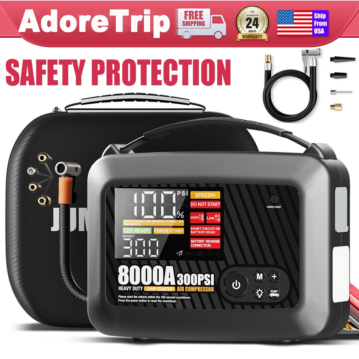 8000A Car Jump Starter With Air Compressor Emergency Truck Heavy Duty Supersafe