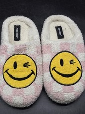 Joe Boxer Slippers Shoes Womens Size 7.5 Pink Check Smiley Face Mule Stains