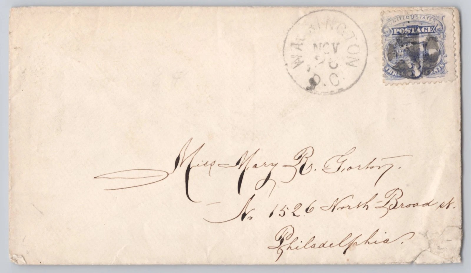 114 w UNLISTED FANCY CANCEL + GREAT STRIKE of PHILADA. P. O. RECEIVER on BACK !!