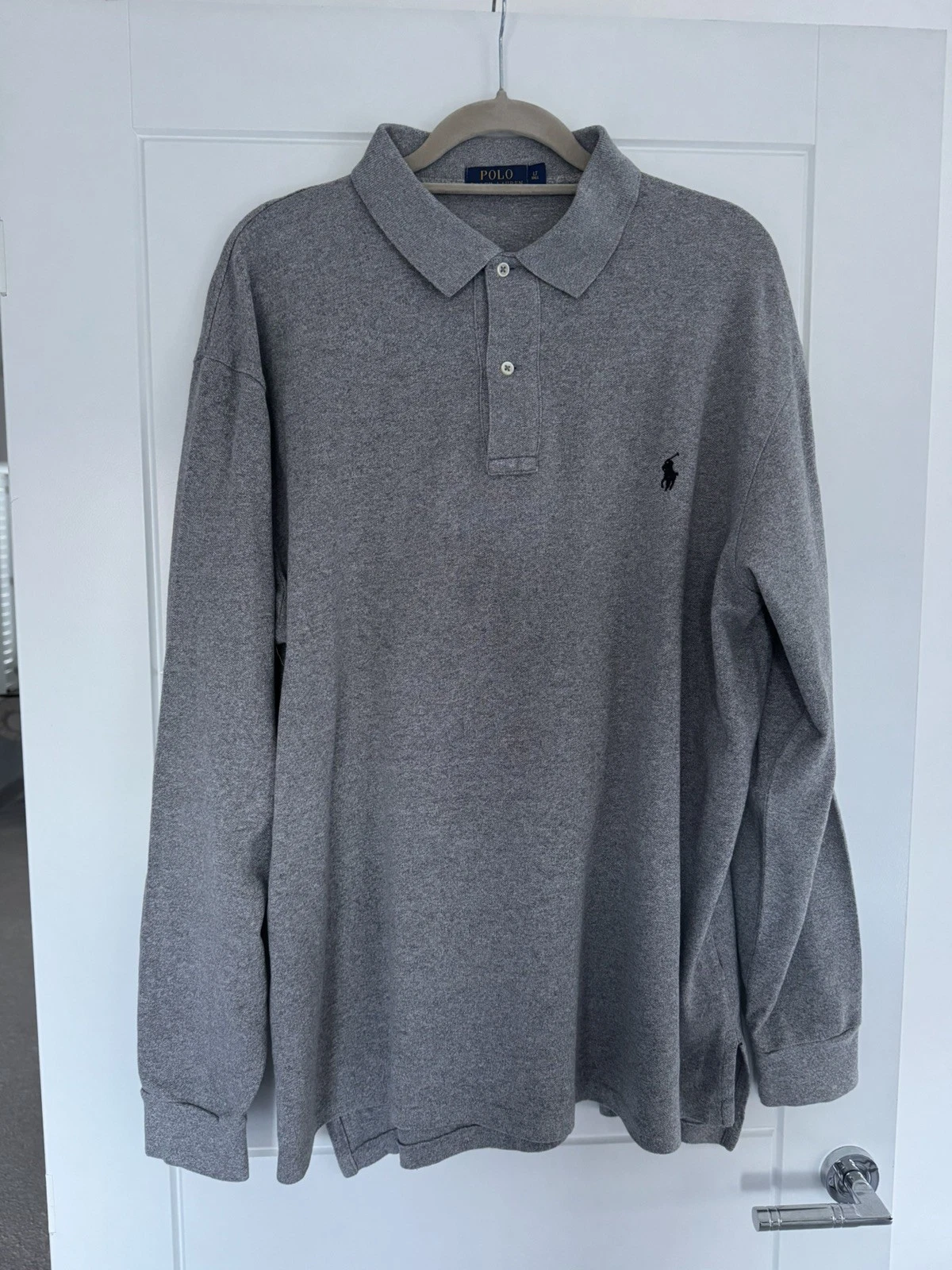 Polo Ralph Lauren Mens Polo Shirt Grey Marl Long Sleeve size Large Tall