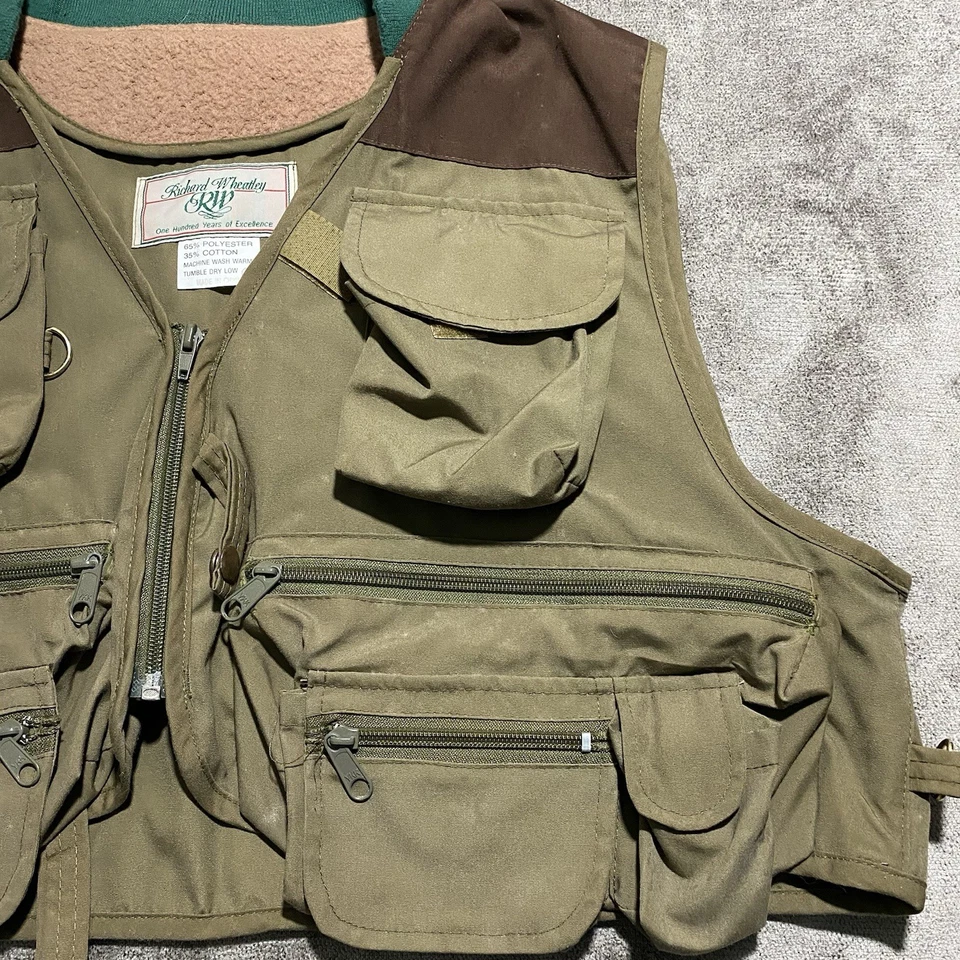 Vintage Richard Wheatley Fly Fishing Vest Mens XL Olive Green Brown Multi Pocket - Image 4 of 4
