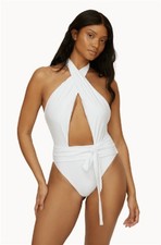 NWT PilyQ Large Alex White Deep V Wrap Print 1PC Swimsuit 129651