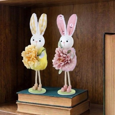2 PCS Spring Bunny Decorations Pastel Plush Rabbit Holding Flower Pink Yellow