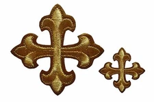 Unotrim Fleur-de-lis Cross Gold Silver Embroidered Iron on Patch sold by piece