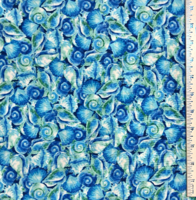 By 1/2 Yard Blue & Green Sea Shells Packed Fabric Traditions 100% Cotton Fabric