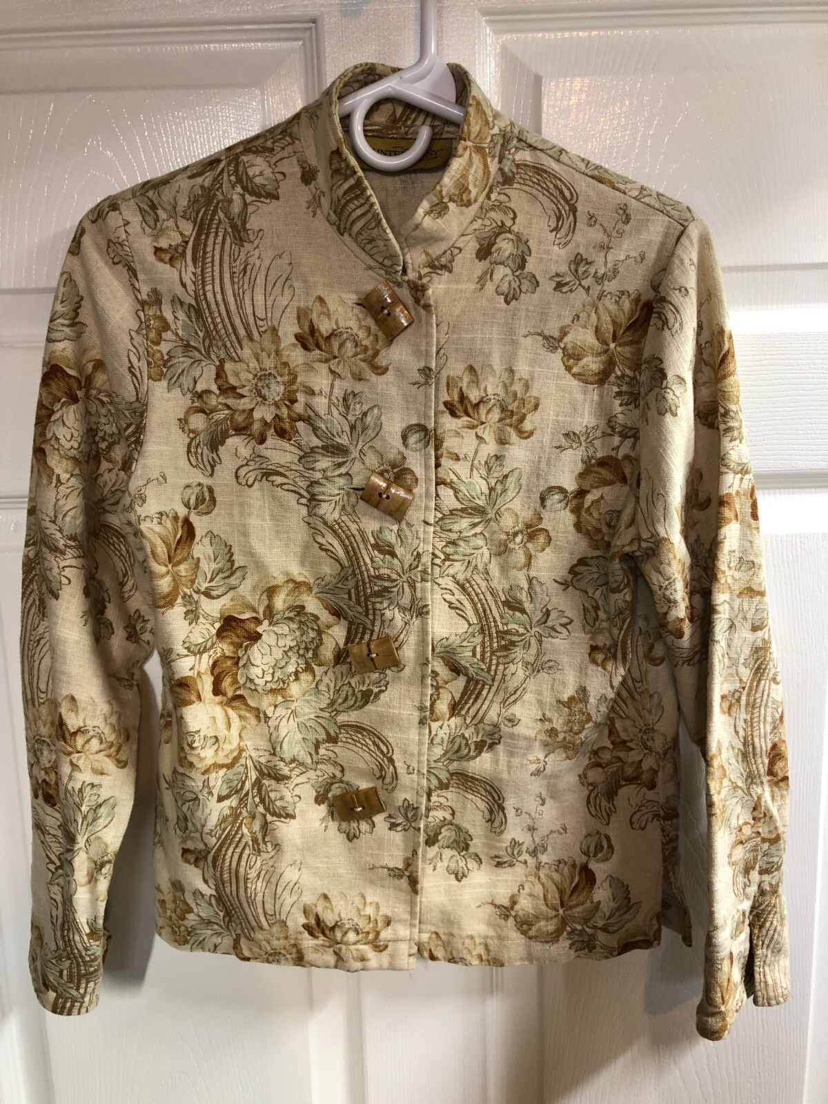 Giacca arazzo pony dipinto taglia piccola lino bottoni legno motivo floreale USA