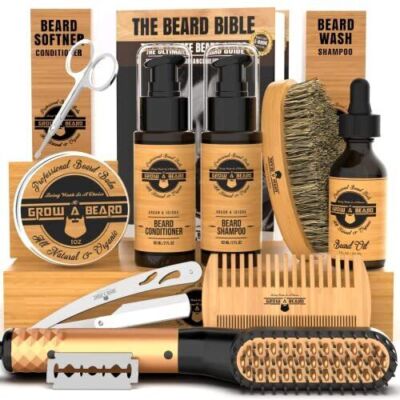 Beard Straightener Grooming Kit for Men, Beard Growth Oil, Sandalwood Balm,  
