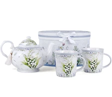 STPGOODS Lily of the Valley Bone China Teapot and Mug Set for 2 Persons