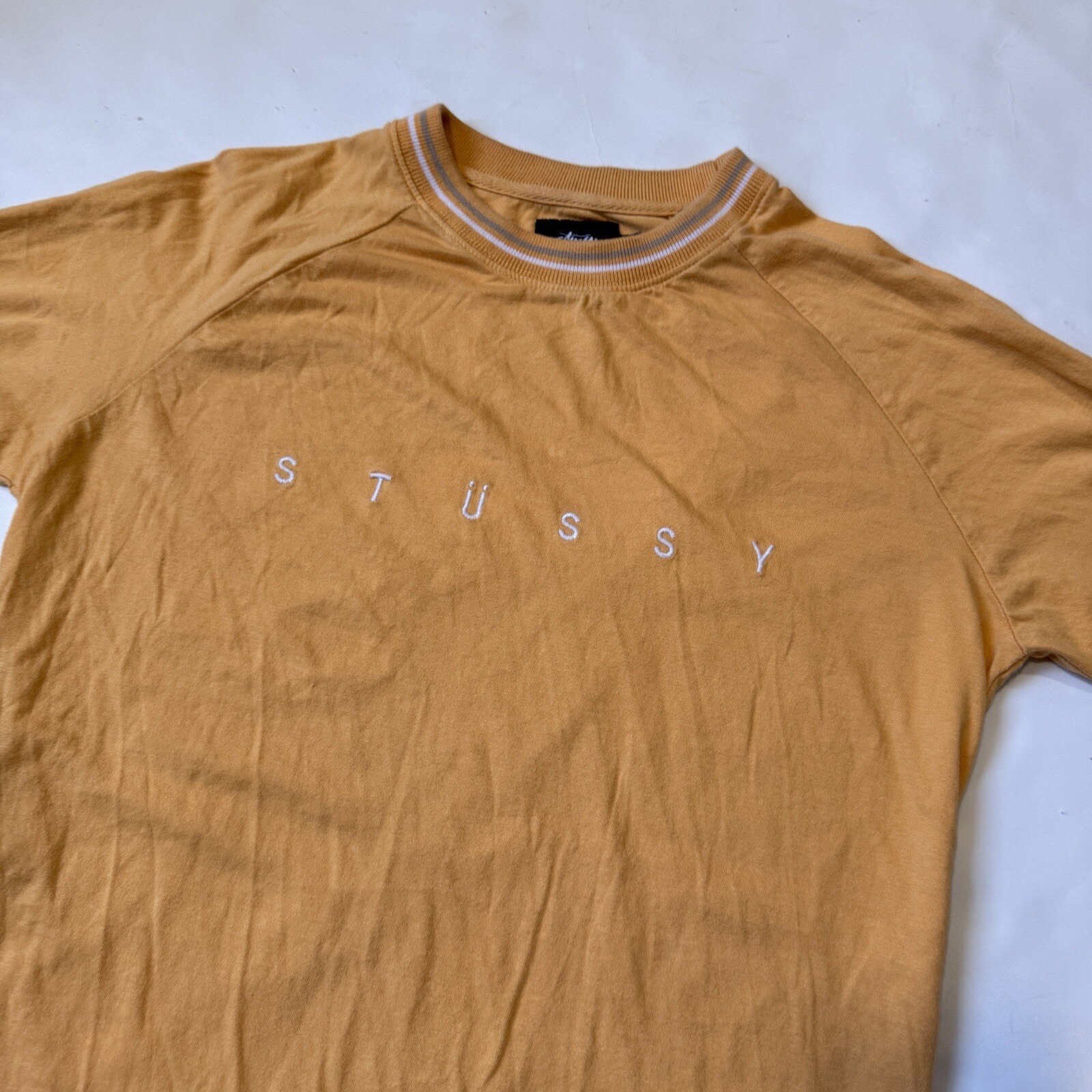 Vtg Stussy Embroidered Spellout Long Sleeve Shirt Small Yellow Striped Logo Cuff