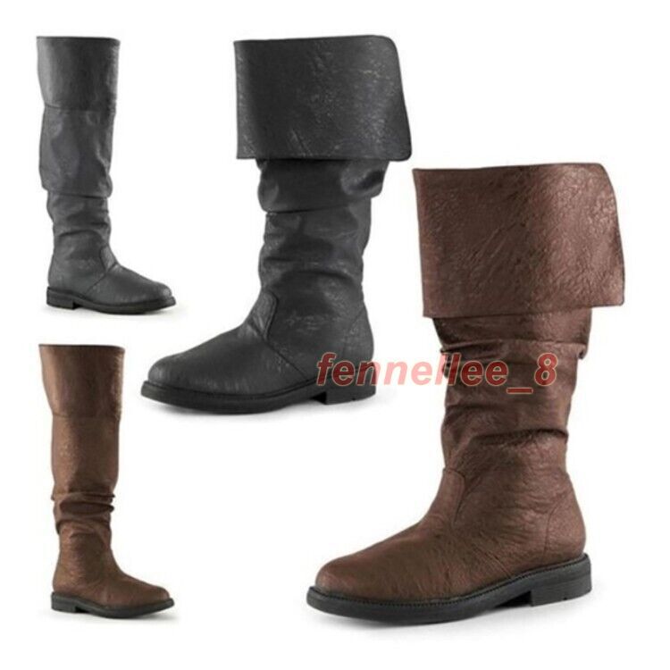Men Black Tall Pirate Boots Fold Over Renaissance Cosplay Shoes
