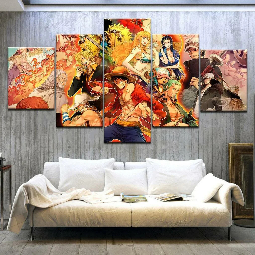 One Piece Anime Cartoon Characters 5 Piece Panel Canvas Wall Art 