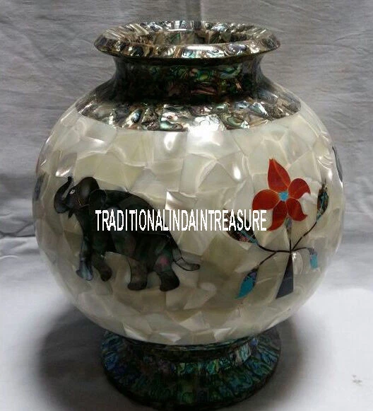 12" White Marble Pot Elephant Art Inlay Mother of Pearl Pauashell Stone Decor