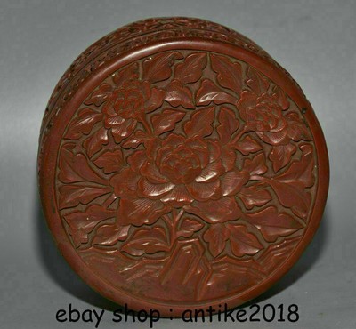 5.6'' Marked Old Chinese lacquerware Dynasty Peony Circle Jewelry Box jewel case