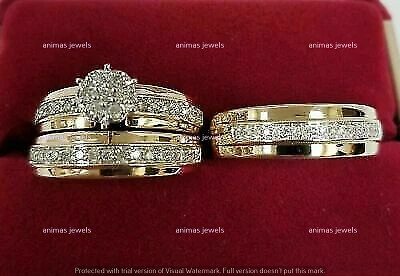 14k Yellow Gold Plated Moissanite Trio His And Her Wedding Bridal Ring Set