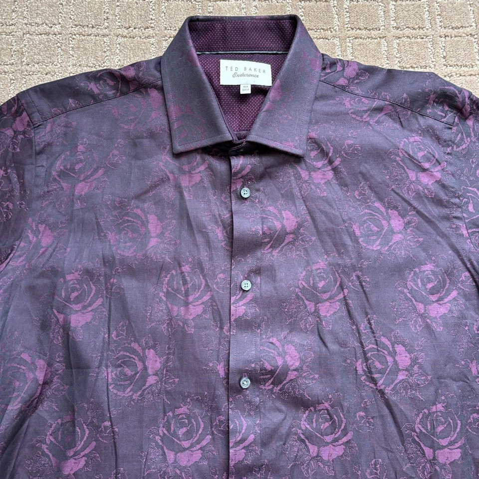 Ted Baker Button Down Shirt Mens 16.5 Purple Roses Goth Dark Romance Vampire - Image 2 of 4