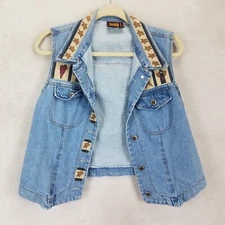 Faded Glory Size M Vintage Denim Jean Vest w Patches Stars and Angels 1990s