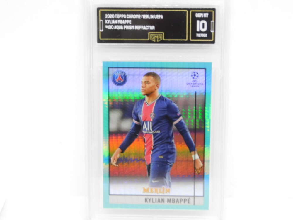 2020-21 Topps Chrome Merlin UEFA Aqua Prism Refractor #100 Kylian Mbappe Paris S