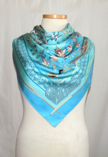 Hermes Silk Twill Scarf Libres Comme L'Air PM Turquoise-Multi Flying Birds Motif