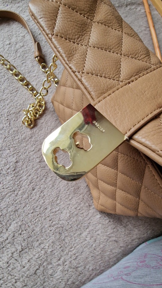 JAEGER KATE TAN NUDE CAMEL BAG GOLD TONE QUILTED LEATHER CLUTCH