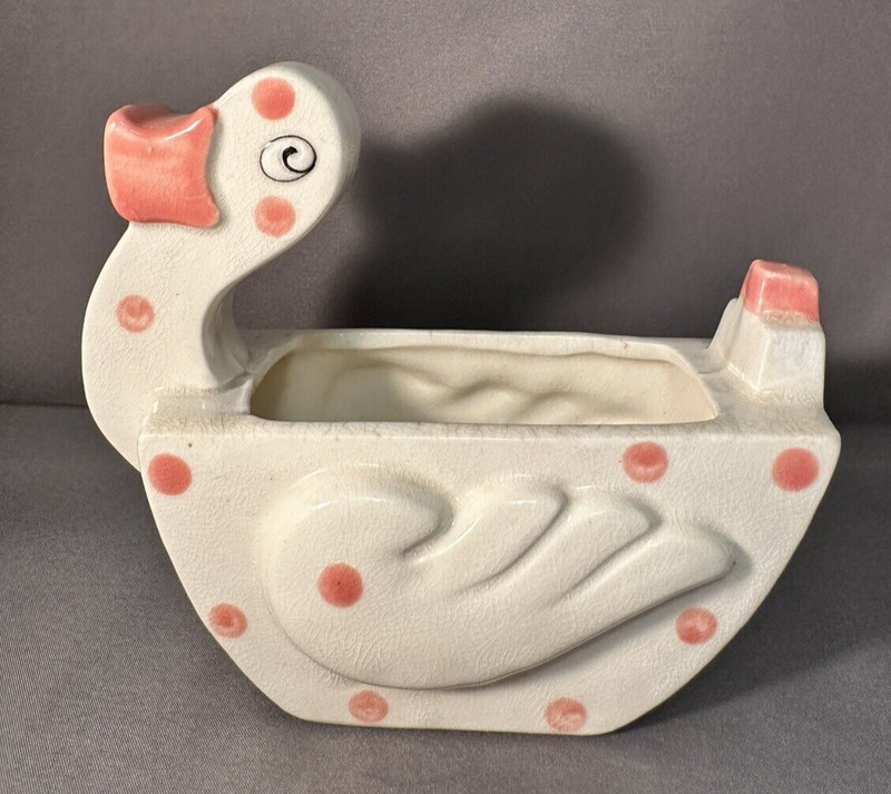Vintage Abstract Duck Planter White W/Pink Polka Dots Ceramic Girl Nursery Decor