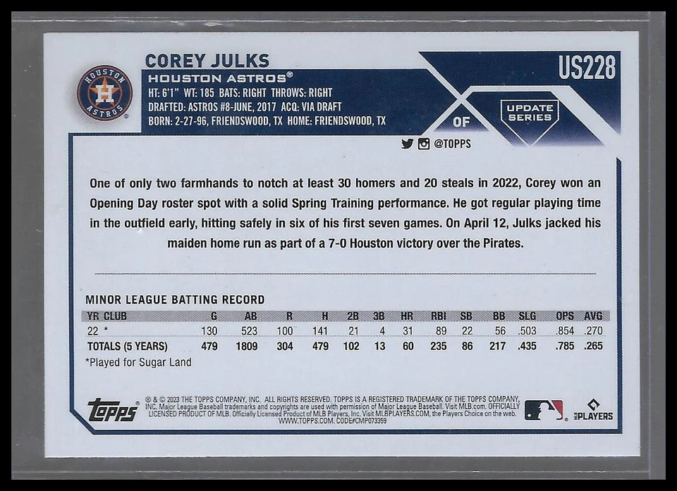 2023 Topps Update Series Orange & Black Foil #US228 Corey Julks Houston Astros - Image 2 of 2