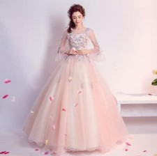 Women's Wedding Elegant Pink Bride Gown Lace Flowers Formal Prom Princess Dress