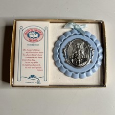 Vintage 1988 Roman Baby Boy Cradle Medal Blue Guardian Angel Nursery Decor Gift