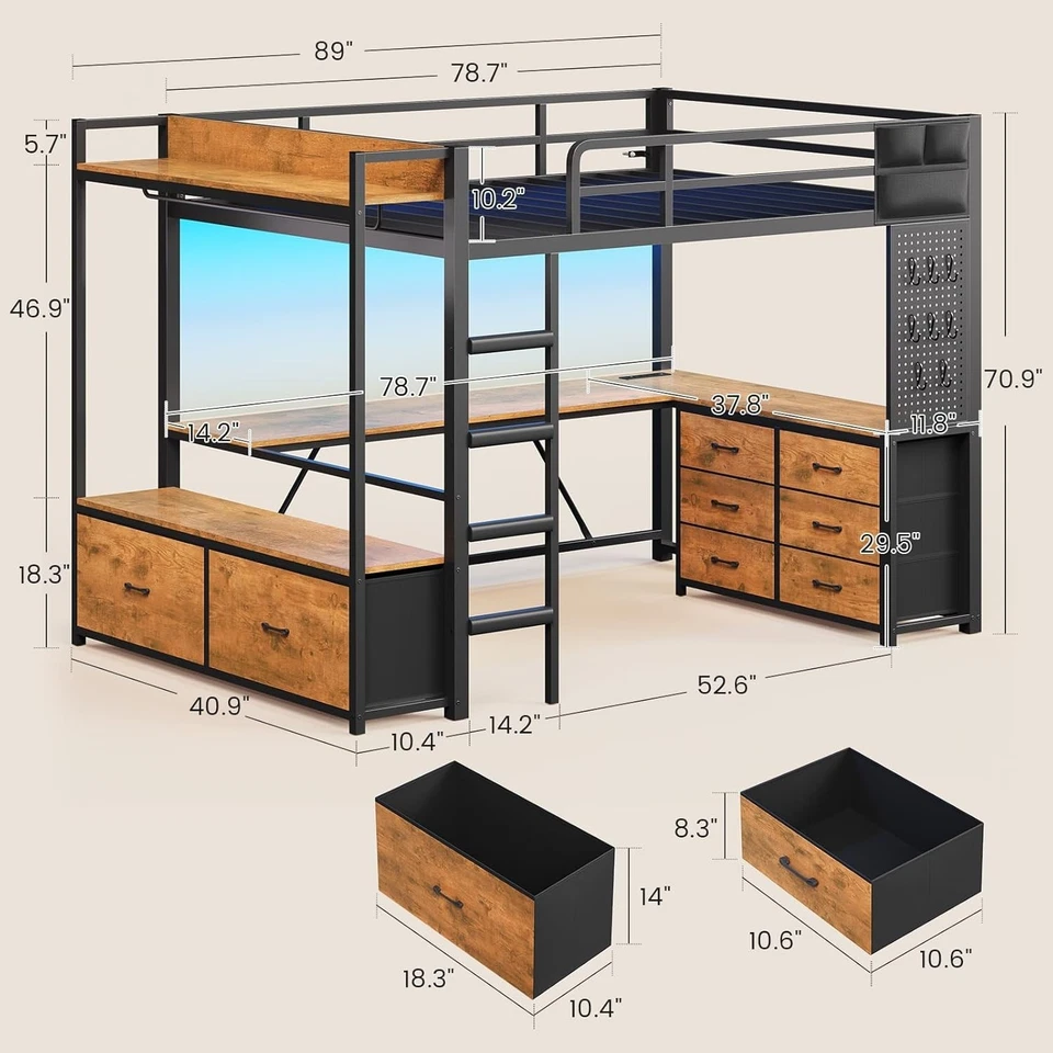 Cama tipo loft doble con escritorio en forma de L y 8 cajones, cama tipo loft de metal para niños con luces LED Foto 2 de 4