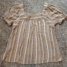 Doe & Rae Boho Peasant Square Neck Blouse Large Puff Sleeve Top Cheveron Striped