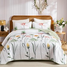 Wongs Bedding 3 Pieces Quilt Set Queensage Green Floral Printed Quilted