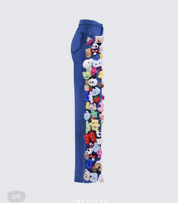 Finesse Blue Denim Wide-Leg Jeans Stuffed Animal Embellished Relaxed Fit Women