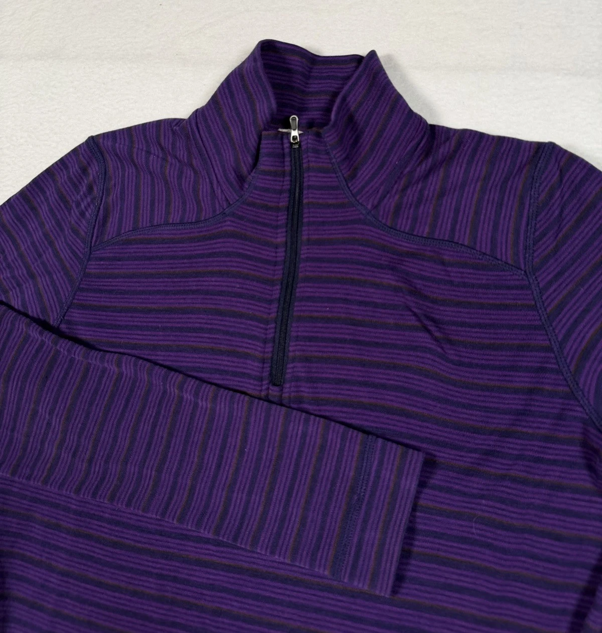 Smartwool Merino Shirt Women's Medium Purple 1/4 Zip Wool Striped Baselayer