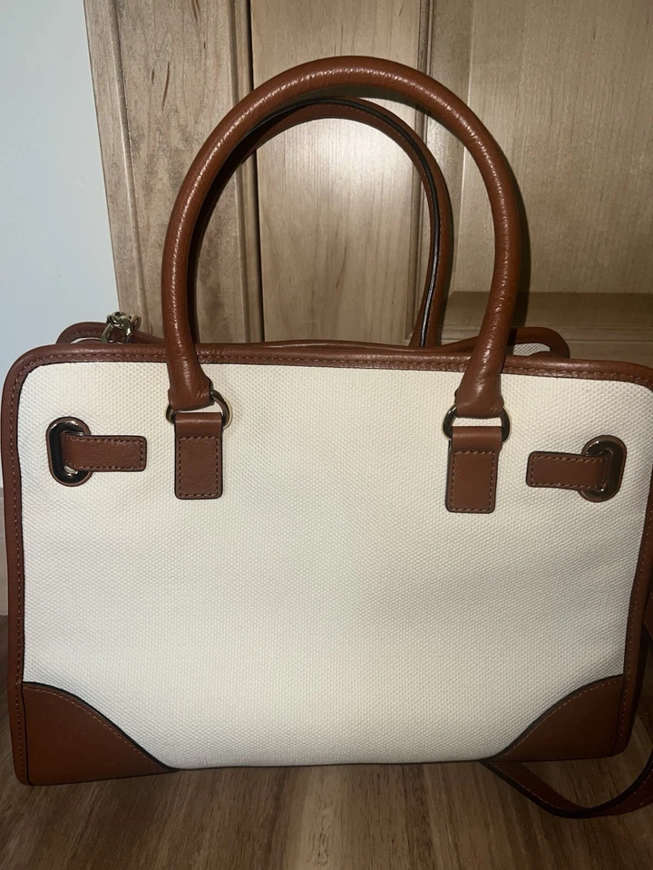 Bolso de Hombro Michael Kors Hamilton Marfil Lona Cuero Borde Rayas Rojas Foto 4 de 4