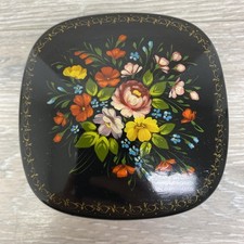 Caja Baratija Rusa Laca Negra Cuadrada Esmaltada Flores Florales Pintadas a Mano