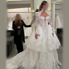 Gorgeous High Neck Wedding Dresses Long Sleeves Layered Appliques Bridal Gowns
