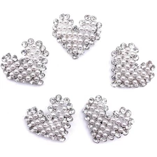 5 Pcs Heart Shaped Silver Rhinestone Pearls Sew on Buttons Embellishments