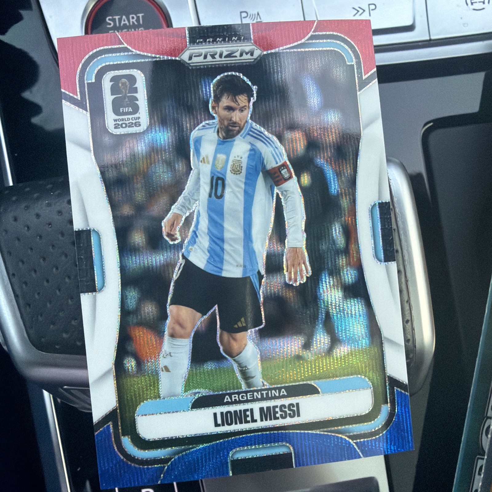 Panini Prizm 2026 World Cup Lionel Messi “Red and Blue Wave” view 1